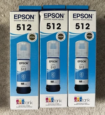 3 botellas de tinta Epson EcoTank 512 CYAN para impresora WorkForce EXP: 12/2026 Foto 1 de 2