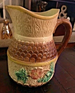 Antique Majolica Pitcher textured Dogwood Pink Flower Design Signed & numbered - Picture 1 of 9