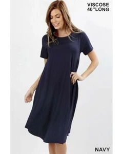 Vestido Camiseta Keeping It Informal Manga Corta Cuello Redondo Línea A Midi con Bolsillos - Imagen 1 de 3