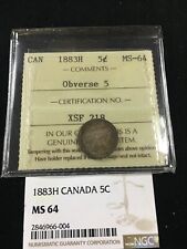 1883H  Obv#5   ICCS/NGC  Graded Canadian,  ¢5 Cent, **MS-64** 