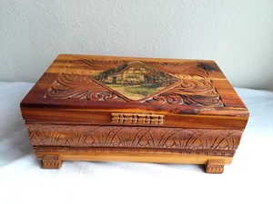 Vintage Ornate Carved Wooden Box Cottagecore Metal Hinged- 11"L x 6"W x 4"T - Picture 1 of 20