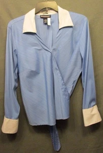 ELEMENTAL STRETCH size 18/20 BLUE PINSTRIPE WRAP FRONT BACK TIE SHIRT EUC #1631 - Picture 1 of 7