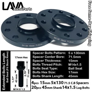4PC 15MM THICK 5X130 71.5MM C.B WHEEL SPACER+14X1.5 BOLT FIT AUDI VW PORSCHE - Picture 1 of 2