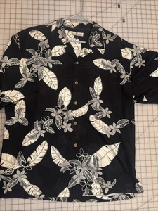 TOMMY BAHAMA Hawaiian Luau Camp 100% SILK Shirt Black Floral Mens ROOMY Size L - Picture 1 of 17