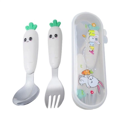 Cuchara y tenedor para bebés utensilios de autoalimentación entrenamiento juego de cubiertos de silicona Foto 1 de 4