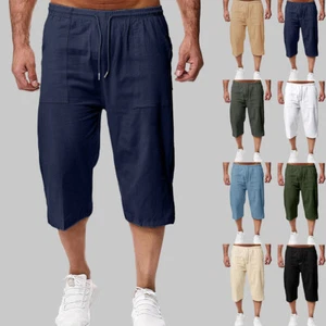 Mens 3/4 Length Linen Sports Shorts Elastic Waist Loose Casual Solid Capri Pants - Picture 1 of 30