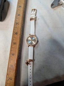 Hallmark Watch Silver Tone On White Vegan Leather - New Battery With Charms - Picture 1 of 9
