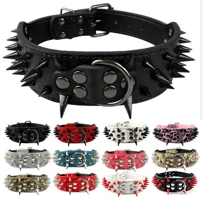 2" Wide Sharp Spiked Studded Leather Dog Collars For Pitbull Mastiff Labrador - Image 1 of 4
