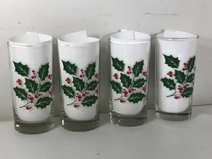 Vintage Christmas Drinking Glass Tumblers 12 oz. HOLLY BERRY Heavy Base Set of 4 - Picture 1 of 5