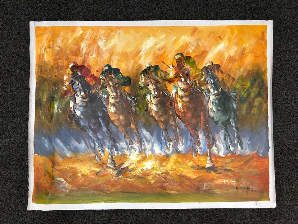 Pintura a óleo original de cavalos e jóqueis por B. Welsh. Danificado. - Imagem 1 de 4