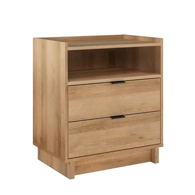 Modern Oak Nightstand With 2 Drawers And Open Shelf Stylish Bedside Table - Image 1 of 4