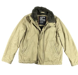 American Eagle Outfitters Jacket Mens Medium Khaki Faux Fur Lined Canvas Zip - Picture 1 of 12