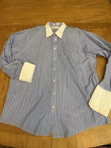 Vintage Burberrys of London Dress Shirt Mens 16.5-33 Blue Stripe Contrast Collar - Picture 1 of 7