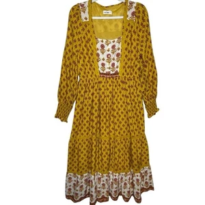 In Loom Floral Gold Yellow Purple Maxi Dress L BohoFestival SummerFairycore NWOT - Picture 1 of 15