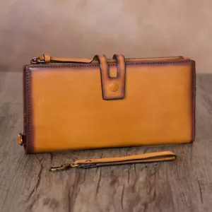 Genuine Leather Wallet Men Clutch Wristlet Vintage Zip Wallet Purse Money Clip - Picture 1 of 13