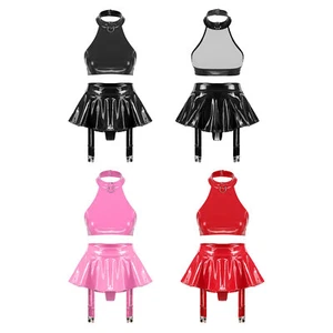 Womens Crop Top Built-in Thongs Lingerie Set Patent Leather Miniskirt Shiny - Picture 1 of 46