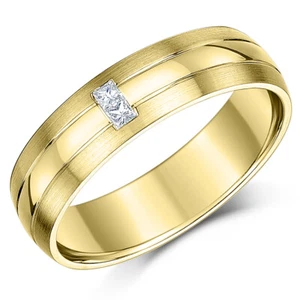 9ct Oro Amarillo Diamante Talla Princesa Alianza Mate y Pulido 6mm Todo Tallas - Imagen 1 de 4