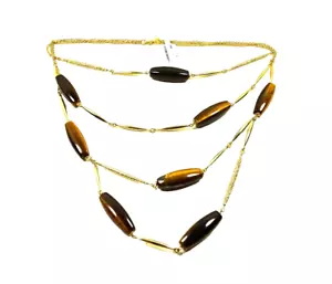 ALEXIS BITTAR Yellow Gold Plated Elongated  Tiger's Eye Beads Layered Necklace - Picture 1 of 8