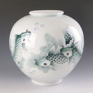 Korean Blue-and-white ware Chunghwa Baekja Handmade Pottery Jar Carp Painting