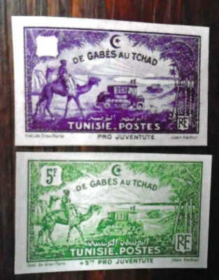 Tunisie 1928 - De Gabès au Tchad , vert# 148+ 153 - 02 Essais Non Dentelé - (**) - Photo 1/3