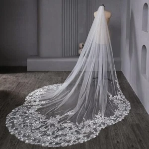 Long Bridal Veil Wedding Veil with Comb White Ivory Cathedral Lace Appliques - Picture 1 of 9