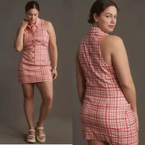 NWT Anthropologie Linen Collared Button-Front Mini Dress 1X Red White Plaid - Picture 1 of 10