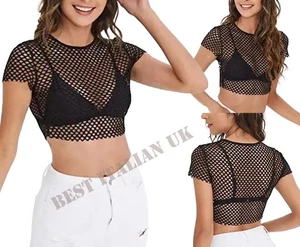 Ladies Sheer Mesh Fish Net Short Sleeve See Though Breathable Crop Top T-Shirt - Picture 1 of 4