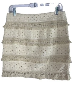 HD in Paris Anthropologie Cream Tiered Fringe Eyelet Skirt Size 4 Used - Picture 1 of 9