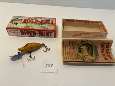 Señuelo de pesca vintage Heddon River Runt. Amarillo más profundo con manchas. Caja/Catálogo Foto 1 de 4
