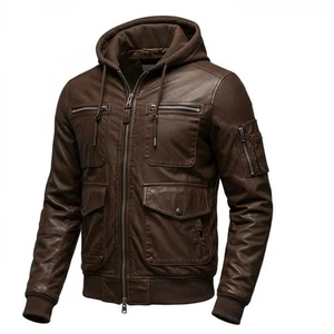 Men's Real Leather Jacket with Hood Brown Bomber Multi-Pocket Leather Hoodie - Picture 1 of 3