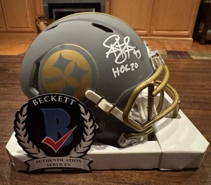 Mini casco Troy Polamalu autografato Pittsburgh Steelers ardesia HOF 20 Beckett - Foto 1 di 11