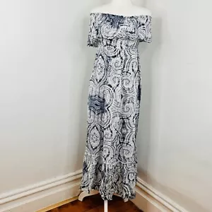 Sunny Girl Blue White Off The Shoulder Dress Sz 10 Maxi Flounce Elastic Bodice - Picture 1 of 10