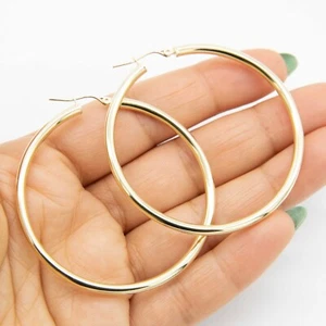 3mm X 55mm 2 1/8" Shiny Plain Hoop Earrings Real 10K Yellow Gold - Picture 1 of 6