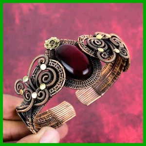 Mothers day Deal Copper Oval Natural Red Fire Labradorite Flower Bangle Bracelet - Picture 1 of 6