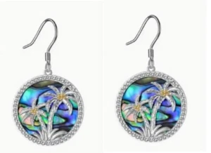 Silver Plated Palm Tree Earrings with Enamel Ocean Wave Backdrop and Gold Accent - Picture 1 of 4