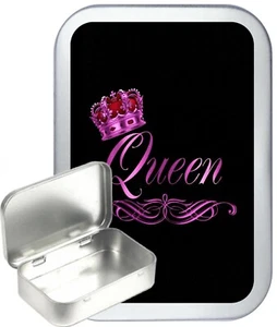 Queen Silver Hinged Tobacco Tin, Can, Pill Tin, Small Pocket,1oz & 2oz - Picture 1 of 5