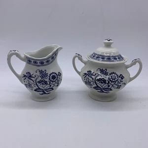 J&G Meakin Blue Nordic Onion Creamer and Sugar Bowl Classic White Swirl England - Picture 1 of 6