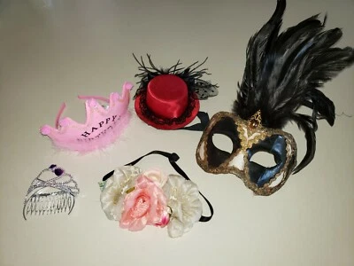 FANCY EYE MASK HEAD BANDS WOMEN GIRLS ONE SIZE 5 pc RED HAT FEATHERS TIARA WOW!! - Image 1 of 2