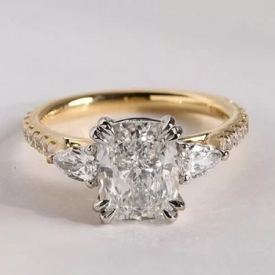 2.34CT Cushion Moissanite 14K Yellow Gold plated Three Stone Engagement Ring - Image 1 of 4