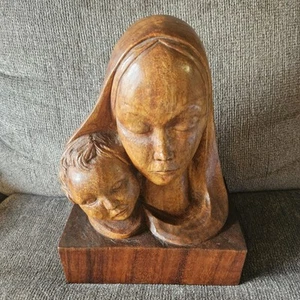 1949 MOTHER & CHILD Wooden Sculpture 11" Tall Wood Carved Bust Vintage Signed - Picture 1 of 7
