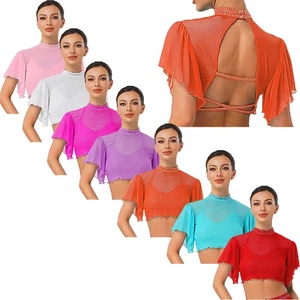 Womens Shirt Training Crop Top Ballet Tops Pole Cardigan Samba Lyrical Mesh - Picture 1 of 96