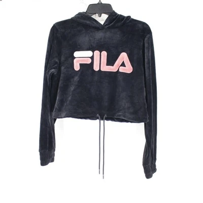 Fila Velour Sudadera con Capucha Mujer Mediana Recortada Negra Sudadera Logo Retro Estilo Y2K Foto 1 de 4