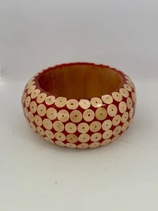 Handmade Wide Chunky Wooden Bangle Bracelet Red/ Beige Geo Pattern - Picture 1 of 7