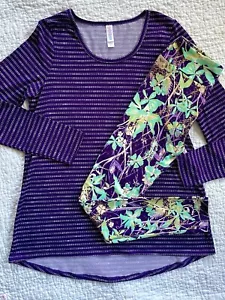 Lularoe Outfit Lynnae Top Small Purple White Striped & OS Leggings Green Floral - Picture 1 of 4