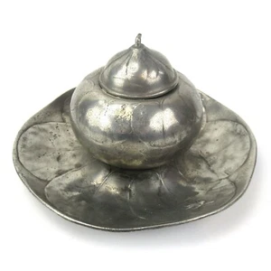 Kayserzinn Jugendstil Tintenfass 4204 Fruchtform auf Blattschale um 1900 Antik - Bild 1 von 6