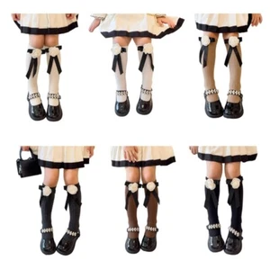 Girls Sweet Camellia Bow Long Socks Rib Knit Over Calf Socks for School Uniform - Picture 1 of 12