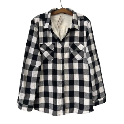 E. Luna Sherpa Lined Plaid Button Shacket Womens 1X Black White Polyester NEW - Image 1 of 4