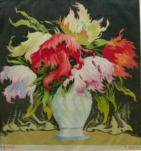 Blumenstilleben Grafik -- Farbholzschnitt Signiert und dat.42 - Bild 1 von 7