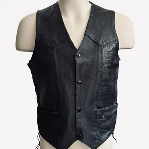 UNIK Men's Black Leather Motorcycle Vest Sz 42 Snaps Lace-Up Sides Pockets Biker - Picture 1 of 19