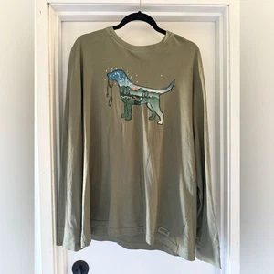Life Is Good Dog Shirt Lab Labrador Pointer Olive Green Long Sleeve Tee Men sz L - Picture 1 of 7